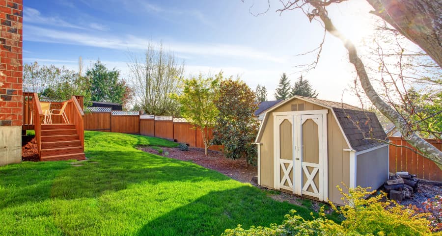 Fenced backyard with storage shed in San Jose